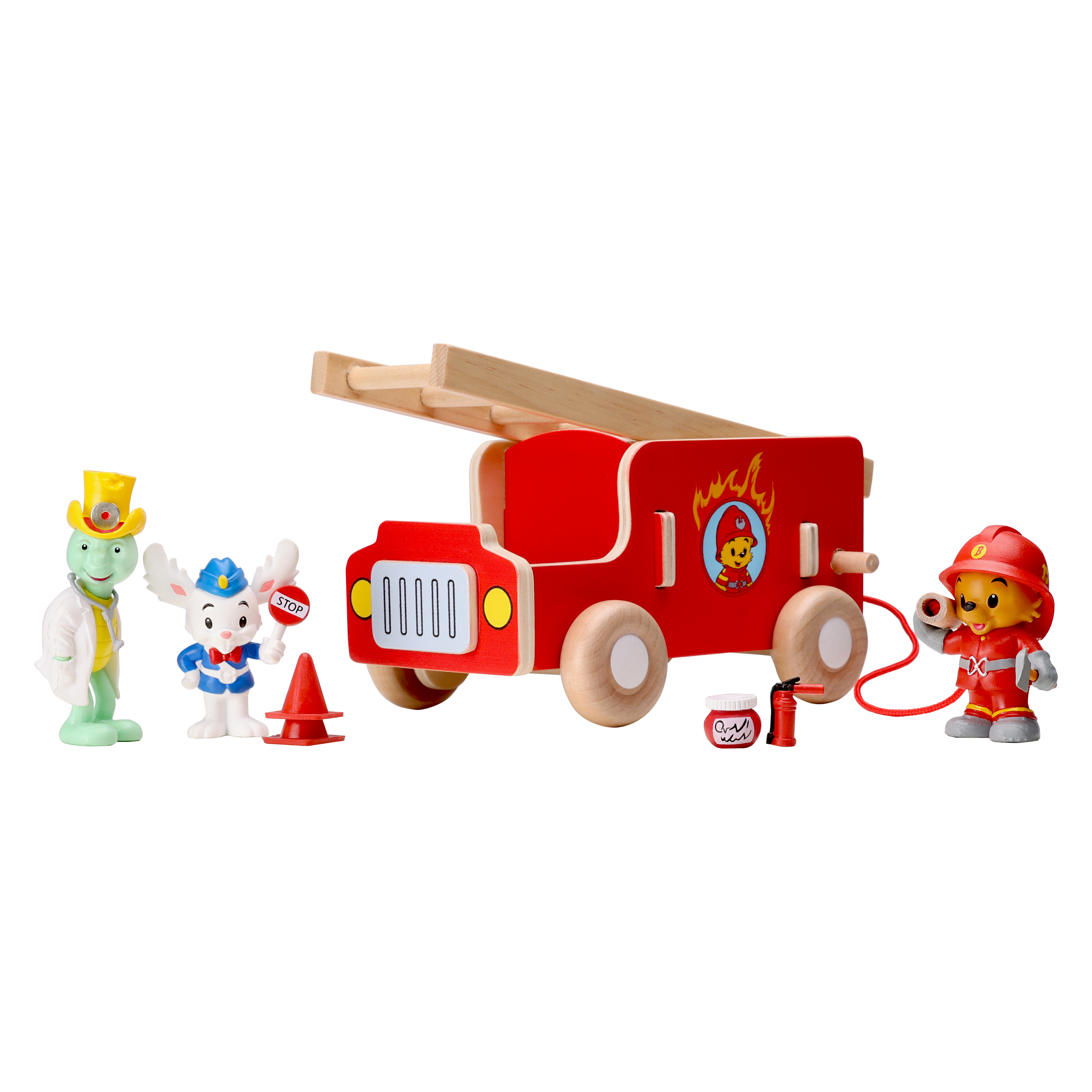 Träleksaker bamse leksaksbil brandbil i trä